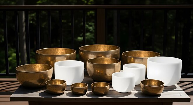 Collection of brass and crystal singing bowls on a wooden table