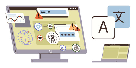 Computer screen with security alerts, translation icons, and internet elements. Ideal for cybersecurity, global communication, language tools, data analysis, online safety, digital risk simple flat
