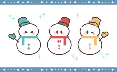 カラフルでかわいい雪だるまの冬イラストセット Cute Snowman Illustration