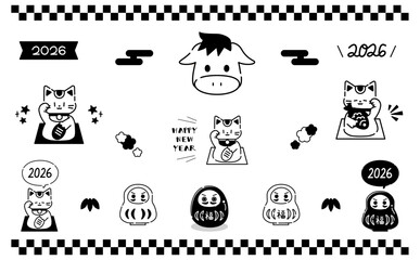 モノクロの年賀状のイラスト素材セット Japanese New Year 2026