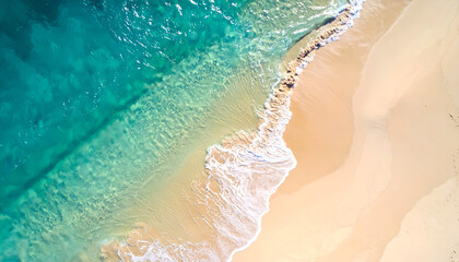 Aerial View of Turquoise Ocean Waves Crashing on Sandy Beach Paradise