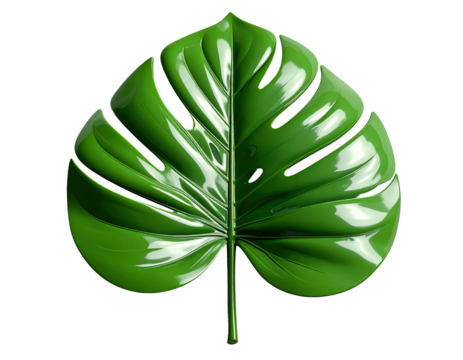 Glossy vibrant monstera leaf in digital render on black background