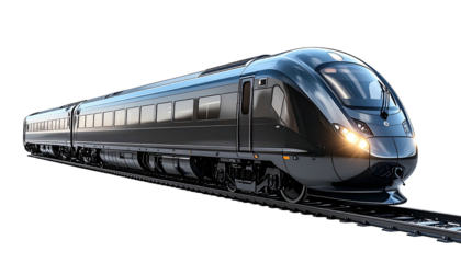 Sleek, modern, dark grey bullet train on rails, angled view
