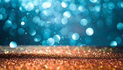 Sparkling Glitter Background with Bokeh Effect in Blue and Gold Colors
