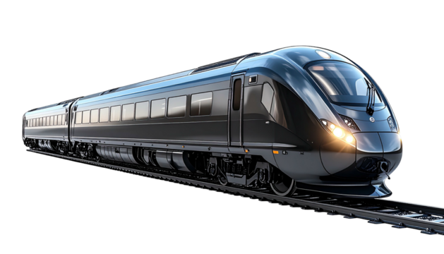 Sleek, modern, dark grey bullet train on rails, angled view
