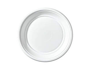 Simple top-down view of a plain white, round, disposable plate