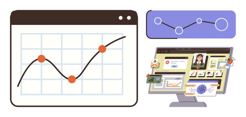 Graph with trends and data points, interactive icons, and monitor displaying an organized dashboard. Ideal for business, marketing, data analysis, technology, research, education or project