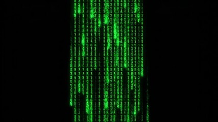 Abstract digital rain of green binary code flowing downwards on a dark background representing data technology and the digital world in a futuristic and cybernetic visual. - Powered by Adobe