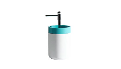 Soap dispenser white body, turquoise rim, chrome pump on black