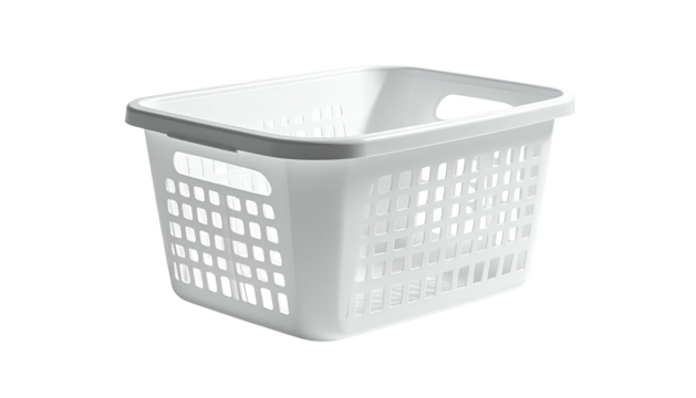 Simple white plastic rectangular laundry basket on black background