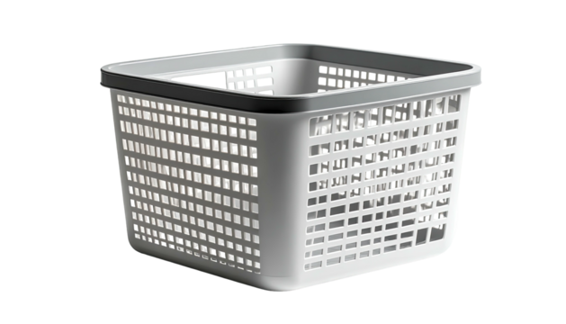 Square, white plastic basket with dark gray trim; isolated