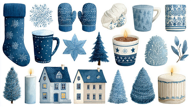 Watercolor scandinavian christmas ornaments clip art. Winter farmhouse illustration. Christmas tree, pillow, garland, firewood basket, vintage lantern, socks, bubbles, candle. - Powered by Adobe