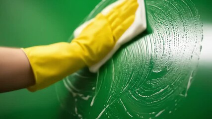 A hand in a yellow glove cleaning a surface with detergent.