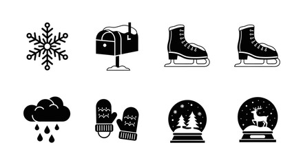 Winter themed icons with snowflake, mailbox, ice skates, rain, mittens, and snow globes
