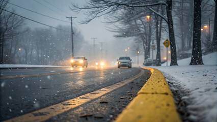 Road with Yellow Line and Snowfall low angle shot