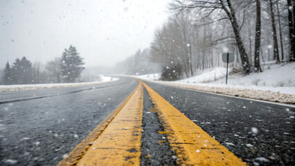 Road with Yellow Line and Snowfall low angle shot