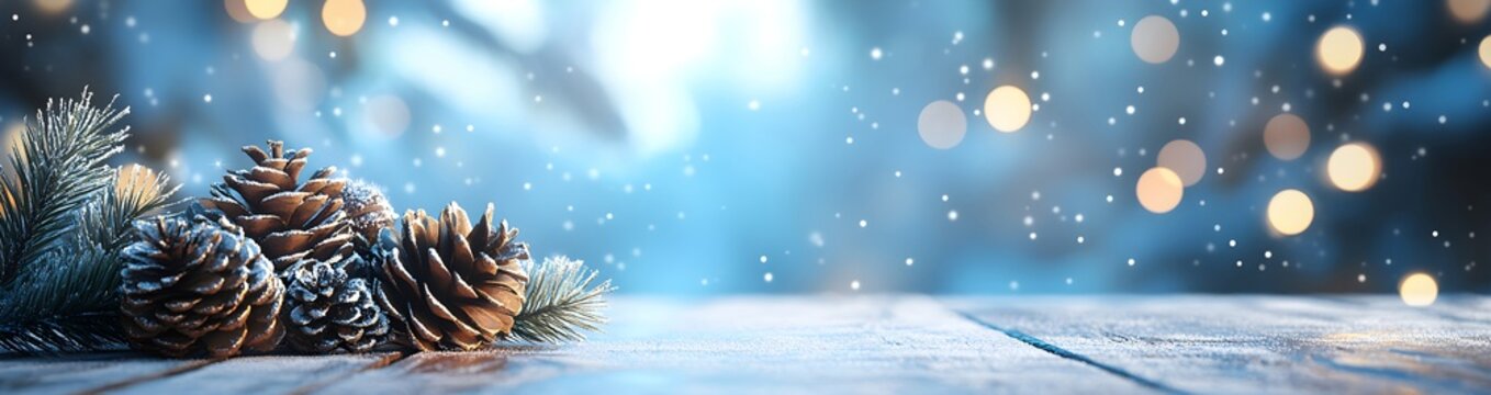 Pinecone and fir branch covered with snow on a wooden background with bokeh lights. Natural winter decoration for Christmas and New Year Holiday celebration. Banner with copy space