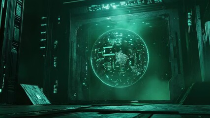 Digital sphere rotating in futuristic sci fi environment - Powered by Adobe