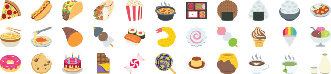 Collection of food and dessert icons including pizza, taco, popcorn, sushi, noodles, ice cream, cake,  and candy for restaurant, menu, and culinary design illustration.