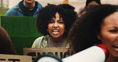 Protest, portrait and woman with poster, environment and earth day with climate change. People, group and activism with cardboard, screaming or support for sustainable world, action or stop pollution