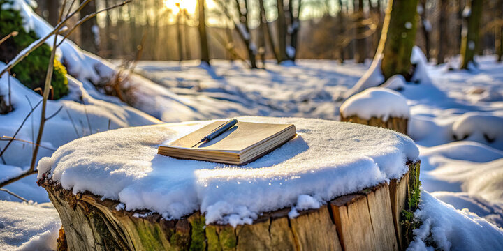 A notebook and a pen lie on a snow-covered tree stump in a peaceful forest scene. The sun sets, casting warm light through the trees, creating a serene atmosphere