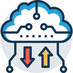 Digital Cloud Computing Data Transfer Abstract Technology Concept With Upload Download Arrows In Blue Orange Red On Transparent Background