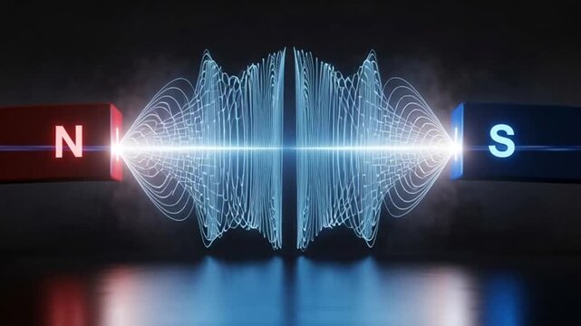 Dynamic magnetic field simulation showcasing the power of attraction between north and south poles, perfect for science education, physics demonstrations, and advanced technology concepts