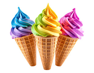 Trio of bright, swirled, rainbow ice cream cones on black