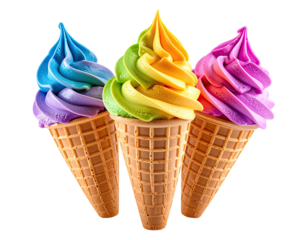 Trio of bright, swirled, rainbow ice cream cones on black