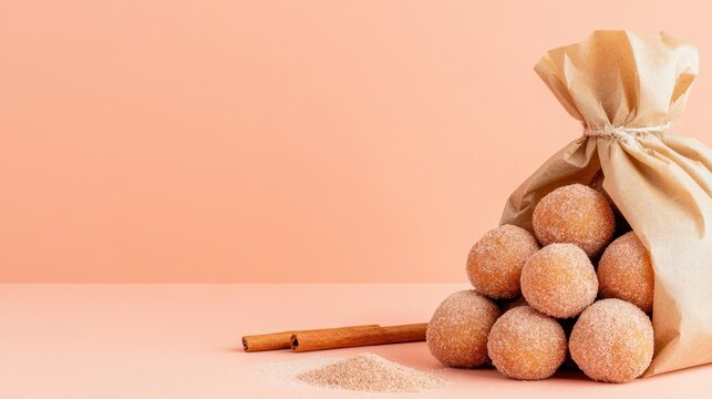 Round desserts pile inside brown paper bag against pastel background. Cinnamon sticks and sugary powder sit beside sweets. Gluten free low carb options.