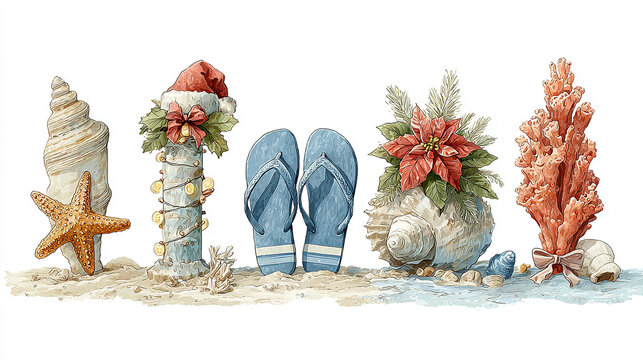 An illustration for Christmas in July, rendered in watercolor style, sea shells, starfish, and flip flops sandals with Christmas hat.