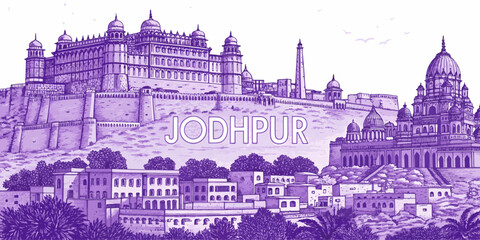 Jodhpur Skyline Line Art Featuring Mehrangarh Fort, Jaswant Thada, Umaid Bhawan Palace | Rajasthan Travel Artwork for Posters, Gifts and Tourism Promotion