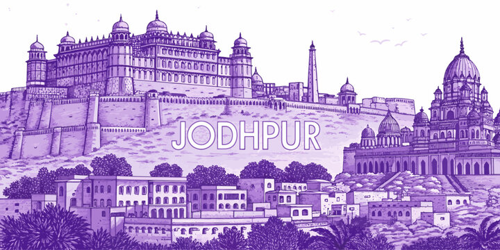 Jodhpur Skyline Line Art Featuring Mehrangarh Fort, Jaswant Thada, Umaid Bhawan Palace | Rajasthan Travel Artwork for Posters, Gifts and Tourism Promotion