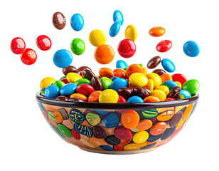 Bowl overflowing with colorful, round chocolate candies