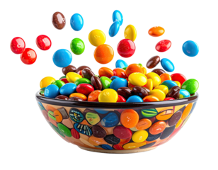 Bowl overflowing with colorful, round chocolate candies