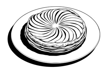 Black line art of a festive Galette des Rois (King Cake) with a decorative concentric swirl pattern on top, served on a round plate.
