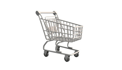 Empty, silver shopping cart on black background, angled right