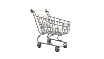 Empty, silver shopping cart on black background, angled right