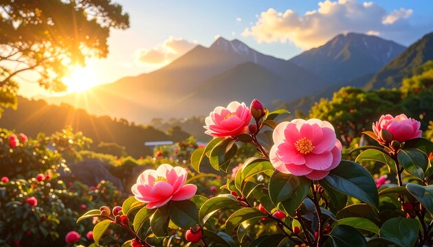 Pink camellias bloom radiantly in the foreground, with majestic mountains and a golden sunset in the background