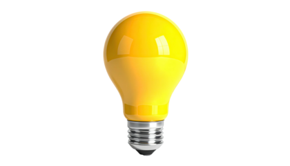 Bright, yellow lightbulb isolated against a stark black backdrop