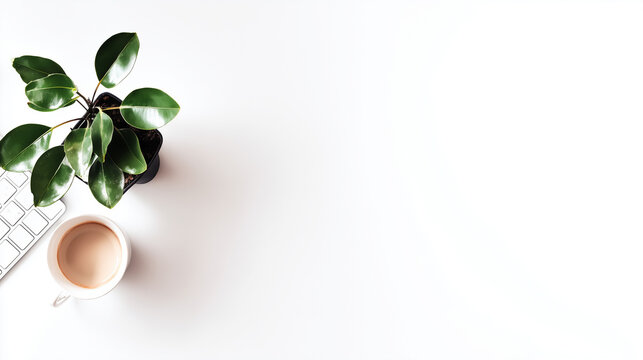 executive. Minimalist workspace with coffee cup and greenery, showcasing simplicity and productivity from above. lifestyle magazines.