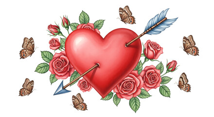 Red heart pierced by an arrow, surrounded by roses and butterflies