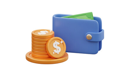 Blue wallet with green banknotes and stack of coins