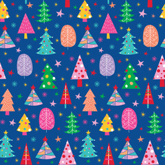 Seamless Christmas Fun Tree Pattern  With Snowflakes And Stars On Blue Background