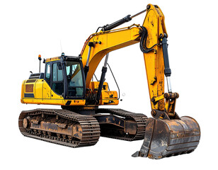 Yellow excavator, angled view; isolated machinery