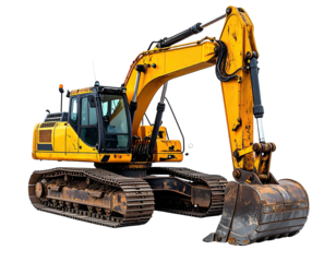 Yellow excavator, angled view; isolated machinery