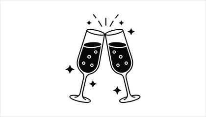 Two black champagne flutes clinking with bubbles and sparkling stars on white background toasting celebration