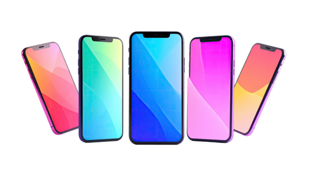 Five colorful screen mobile phones levitate on a black background