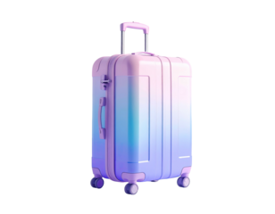 Gradient suitcase pink, blue, white, on wheels, handle extended