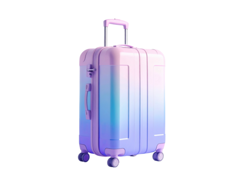 Gradient suitcase pink, blue, white, on wheels, handle extended